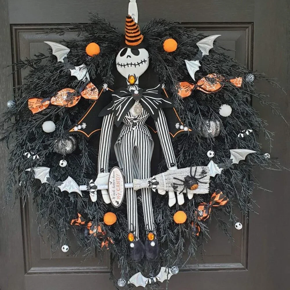 Halloween Jack Skellington Witch Wreath Hanger Wall Spooky Bat Decor  Door Sign